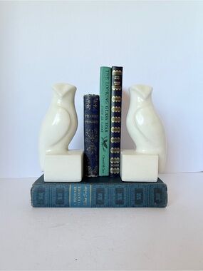 Vintage White Marble Owl Bookends Italian Carrara Stone Mid Century Modern Pair